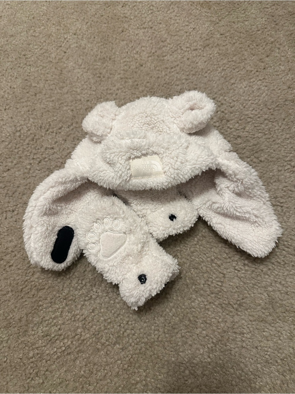 The North Face Baby Bear Trapper hat fleece mittens kids off white cream